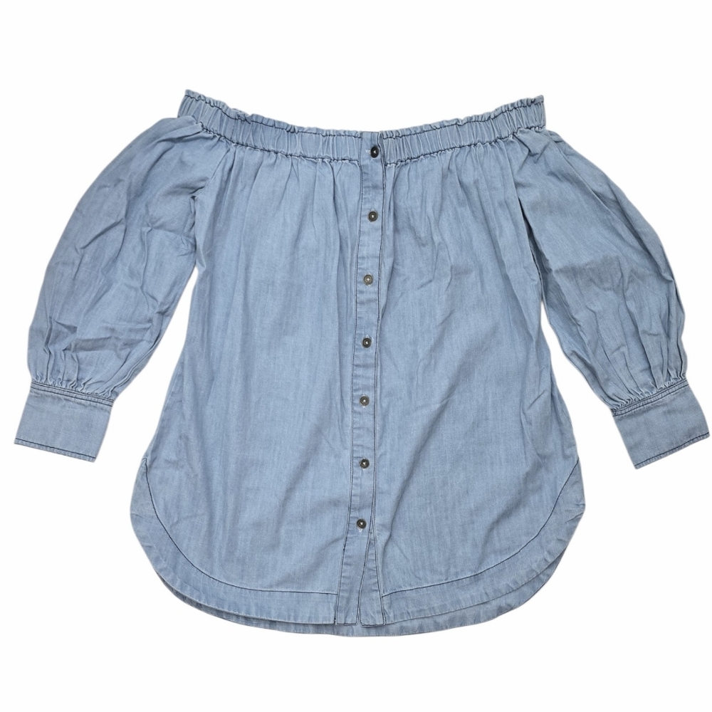 Free People 100% Cotton Chambray Top S Off Shoulder Boho Oversized Button Up